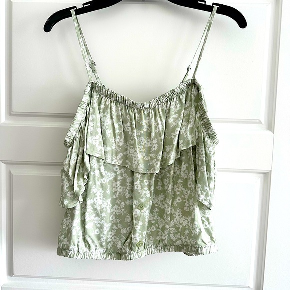 No Boundaries Tops - Cute green floral summer top with spaghetti straps and off the shoulder sleeves